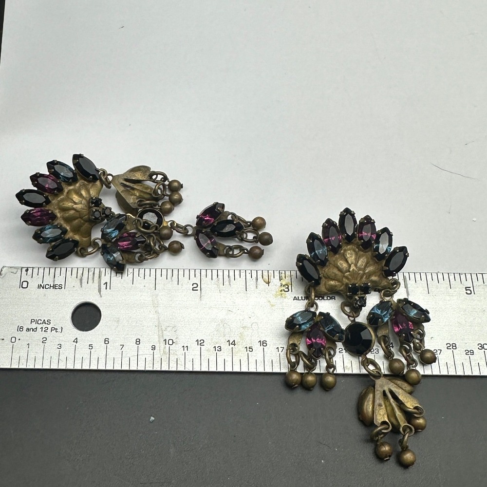 Sorrelli Vintage Antique Gold Tone Crystal Chandelier Earrings Purple Blue Boho - Picture 3 of 5